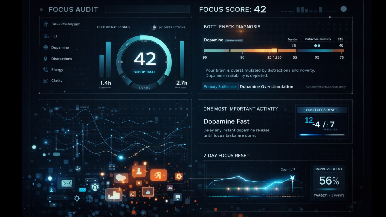 Focus Audit Dashboard — Score 42, Bottleneck Diagnosis, 7-Day Reset